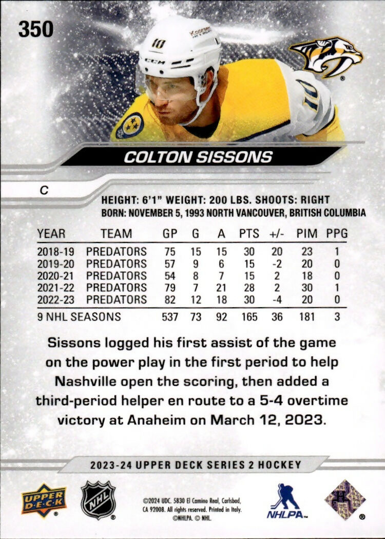 2023-24 Upper Deck Series 2 Hockey - Base #350 Colton Sissons - Nashville Predators