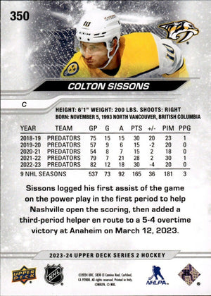 2023-24 Upper Deck Series 2 Hockey - Base #350 Colton Sissons - Nashville Predators