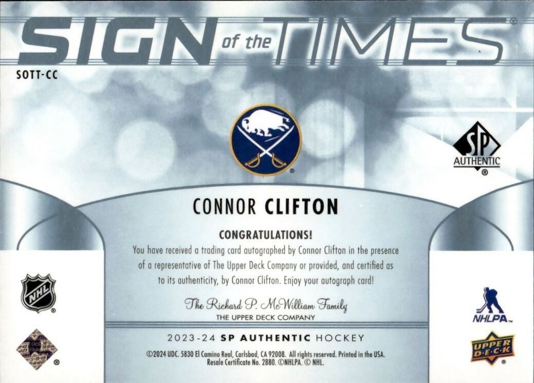 2023-24 Upper Deck SP Authentic Hockey - Sign Of The Times #SOTT-CC Connor Clifton - Buffalo Sabres - B
