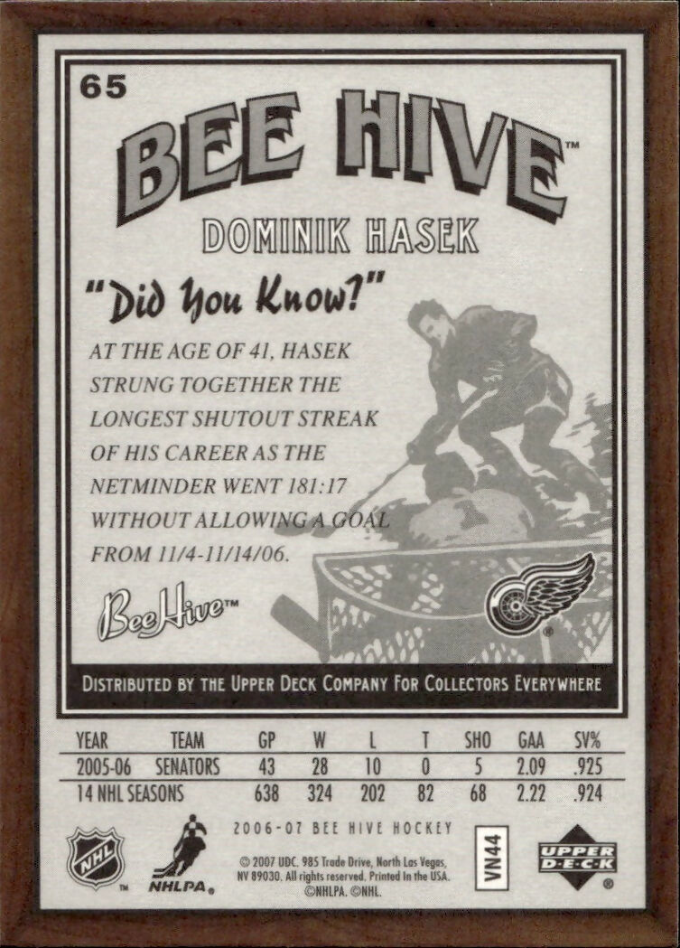 2006-07 Upper Deck - Bee Hive Hockey - Base #65 Dominik Hasek - Detroit Red Wings - B