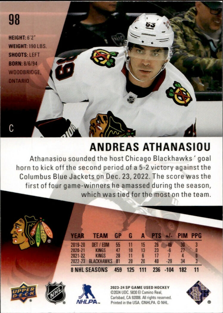 2023-24 Upper Deck SP Game Used Hockey - Base - Red :229 #98 Andreas Athanasiou - Chicago Blackhawks - B