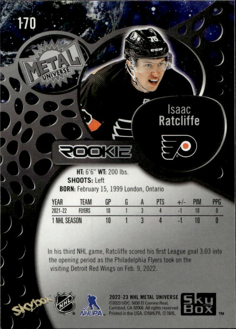 2022-23 Upper Deck Skybox Metal Universe - Base - Rookie #170 Isaac Ratcliffe - Philadelphia Flyers - B