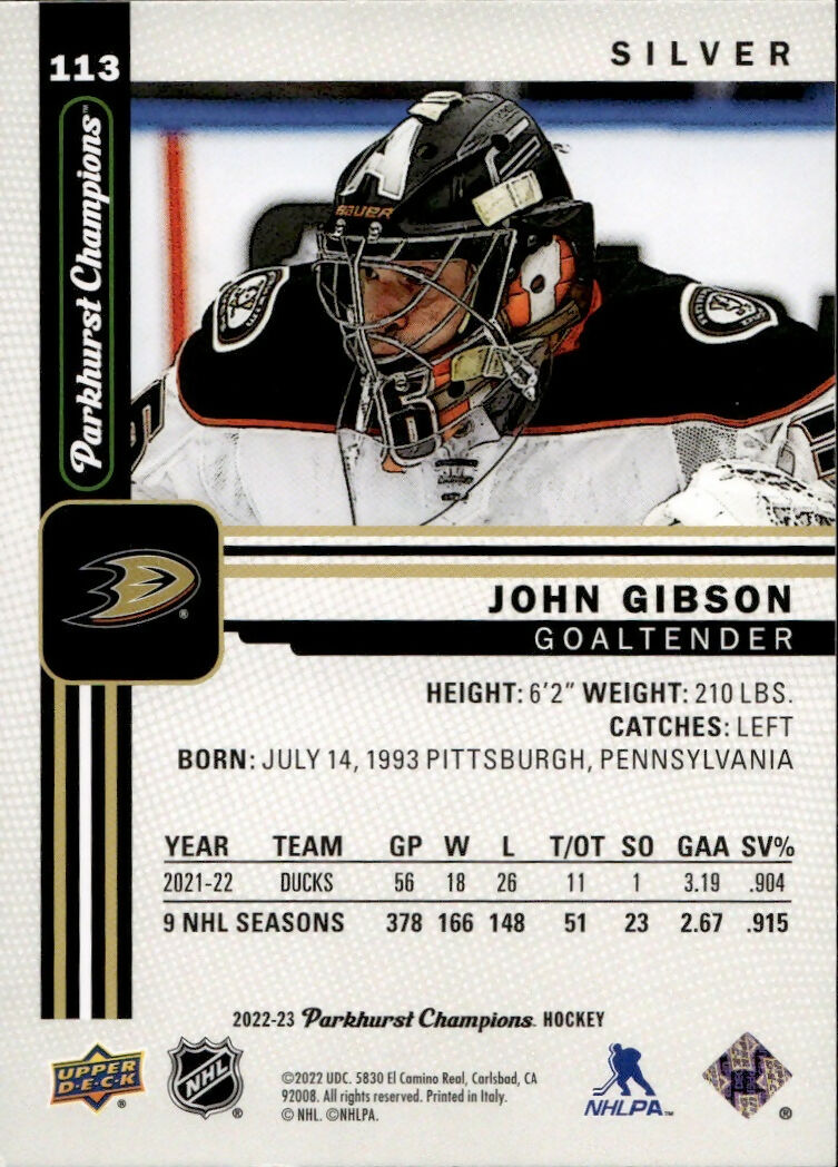 2022-23 Upper Deck Parkhurst Champions - Base - Silver #113 John Gibson - Anaheim Ducks - B