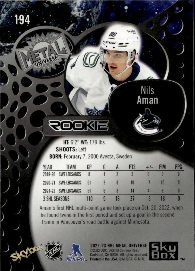 2022-23 Upper Deck Skybox Metal Universe - Base - Rookie #194 Nils Aman - Vancouver Canucks - B
