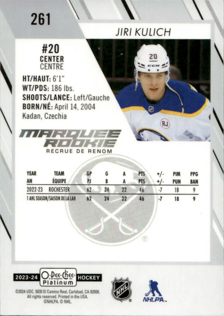 2023-24 Upper Deck O-Pee Chee Platinum Hockey - Base - Marquee Rookie #261 Jiri Kulich - Buffalo Sabres - B