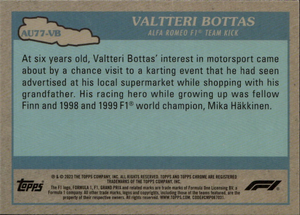 2023 Topps Chrome Formula 1 Autos of 1977 #AU77-VB Valtteri Bottas - Alfa Romeo F1 Team Kick - B
