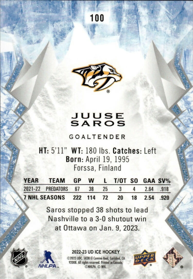 2022-23 Upper Deck Ice Hockey - Base #100 Juuse Saros - Nashville Predators