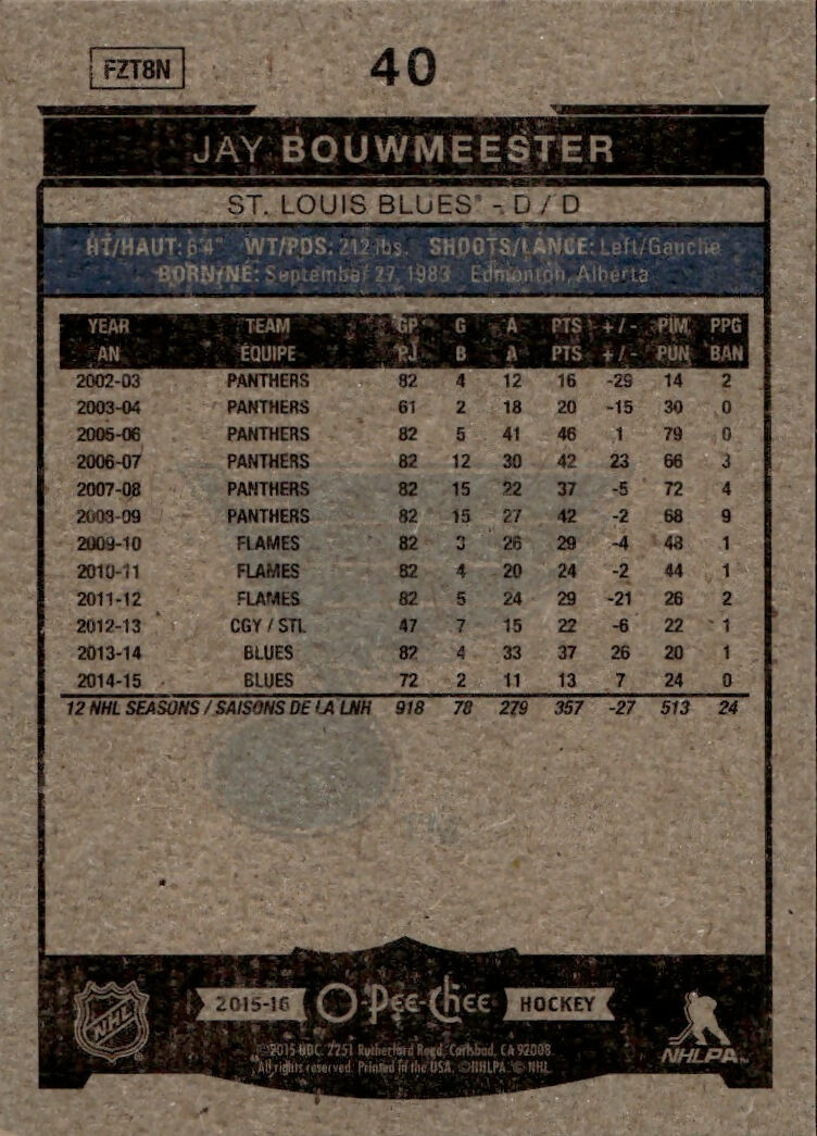 2015-16 Upper Deck O-Pee-Chee Hockey - Base #40 Jay Bouwmeester - St. Louis Blues
