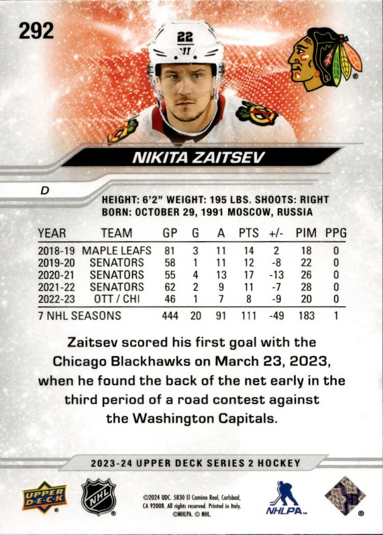 2023-24 Upper Deck Series 2 Hockey - Base #292 Nikita Zaitsev - Chicago Blackhawks - B