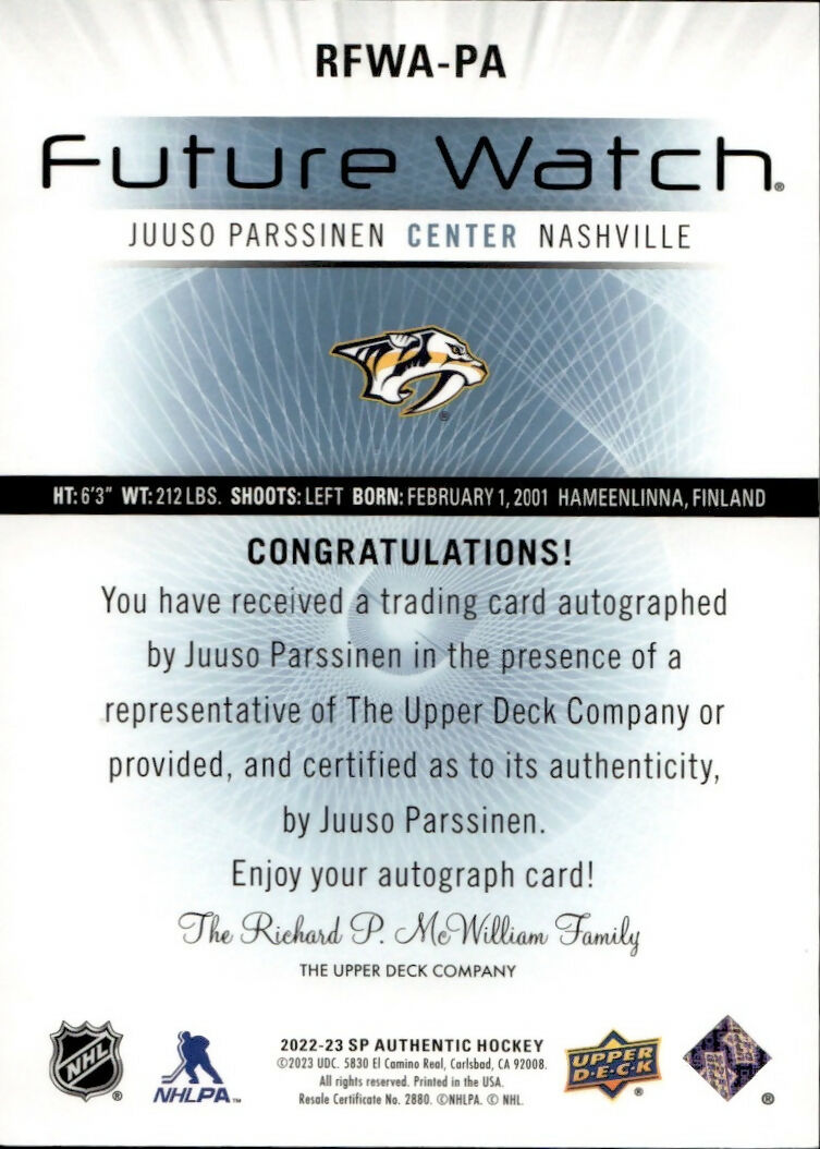 2022-23 Upper Deck SP Authentic - 2012-13 Retro Autographed Future Watch :699 #RFWA-PA Juuso Parssinen - Nashville Predators - B