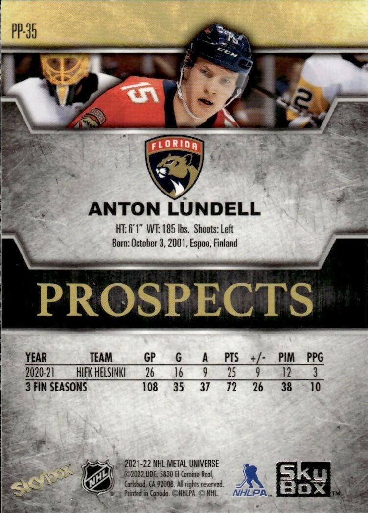 2021-22 Upper Deck Metal Universe Hockey - Prospects #PP-35 Anton Lundell - Florida Panthers