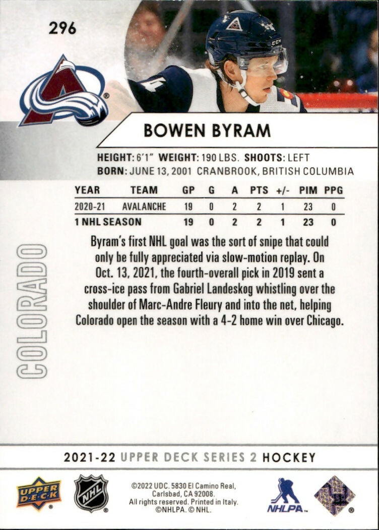 2021-22 Upper Deck Series 2 Hockey - Base #296 Bowen Byram - Colorado Avalanche - B