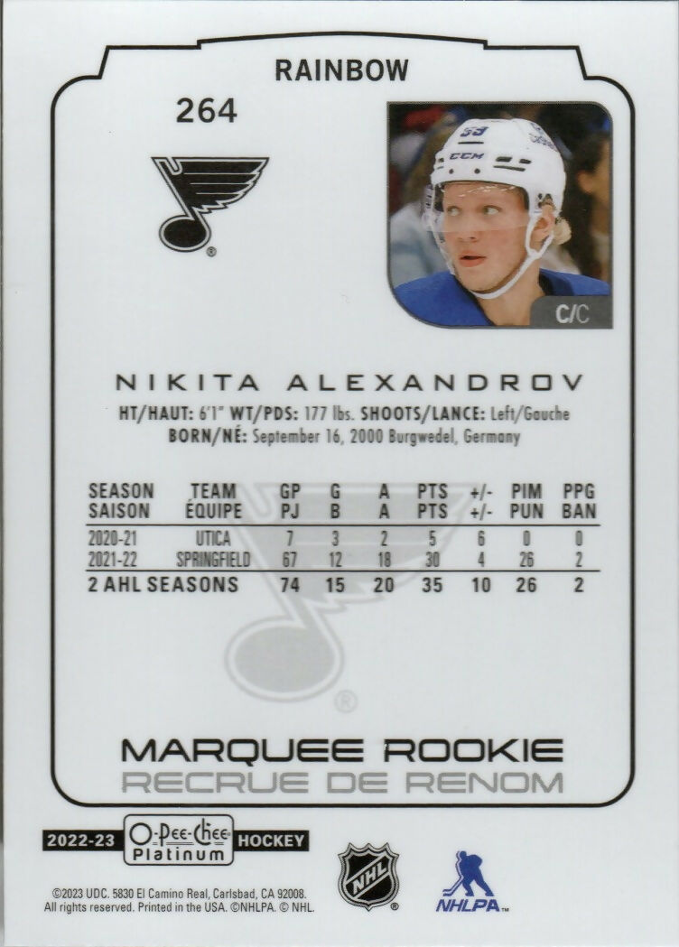 2022-23 Upper Deck O-Pee-Chee Platinum Hockey - Base - Marquee Rookie - Rainbow #264 Nikita Alexandrov - St. Louis Blues