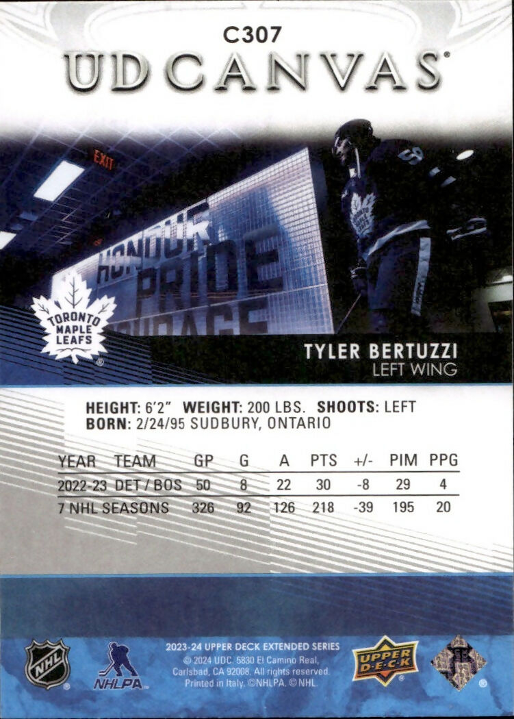 2023-24 Upper Deck Extended Series Hockey - UD Canvas - #C307 Tyler Bertuzzi - Toronto Maple Leafs - B