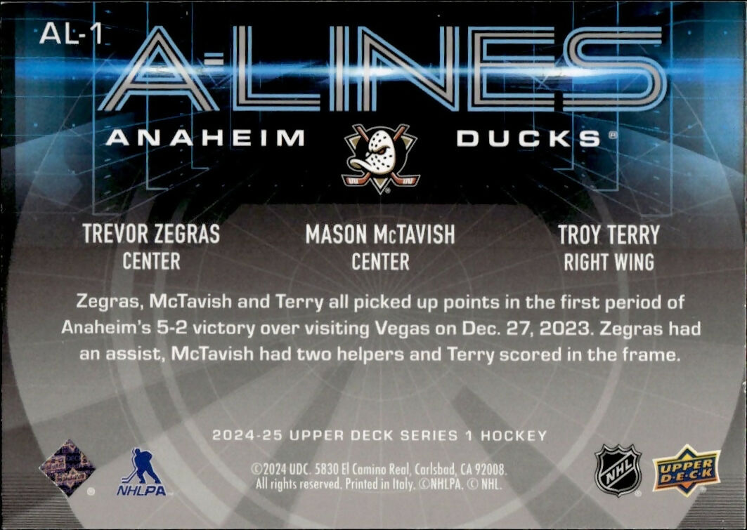 2024-25 Upper Deck Series 1 Hockey - A Lines #AL-1 Trevor Zegras:Mason McTavish:Troy Terry - B