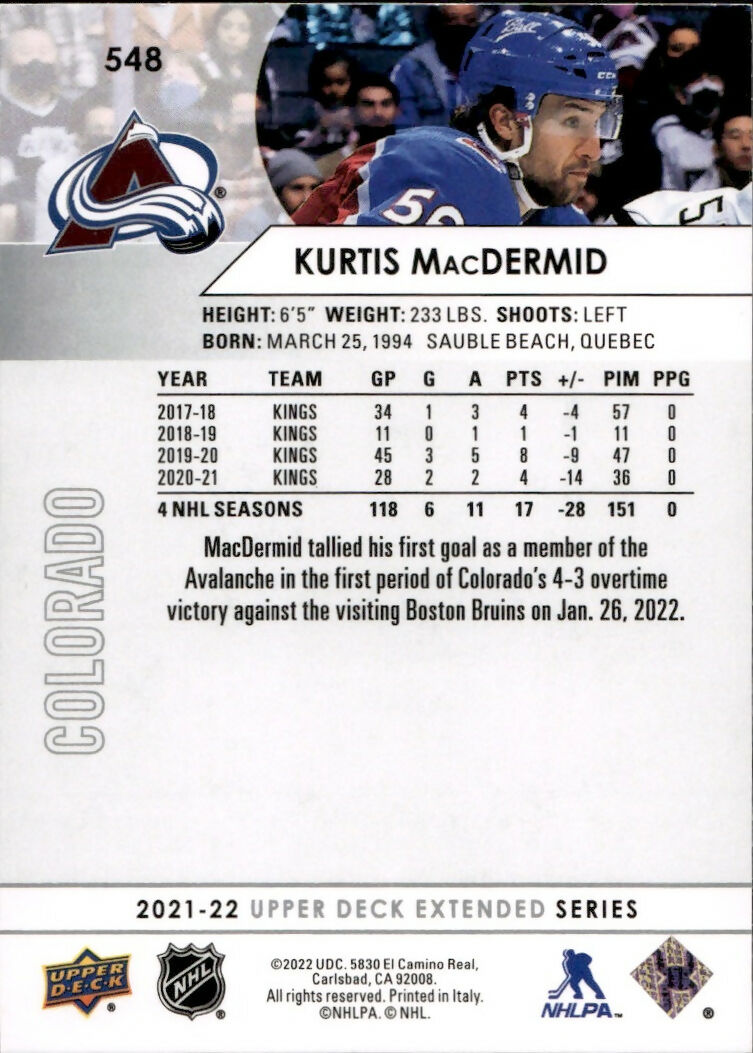 2021-22 Upper Deck Extended Series Hockey - Base #548 Kurtis McDermid - Colorado Avalanche - B
