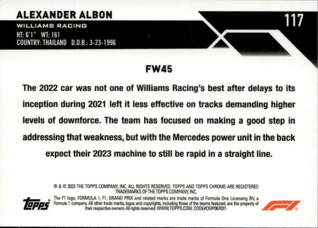 2023 Topps Chrome Formula 1 Base #117 - F1 Cars Alexander Albon - Williams Racing - B