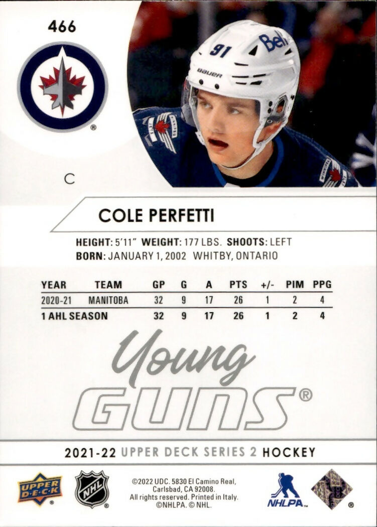 2021-22 Upper Deck Series 2 Hockey - Base - Young Guns #446 Cole Perfetti - Winnipeg Jets - B