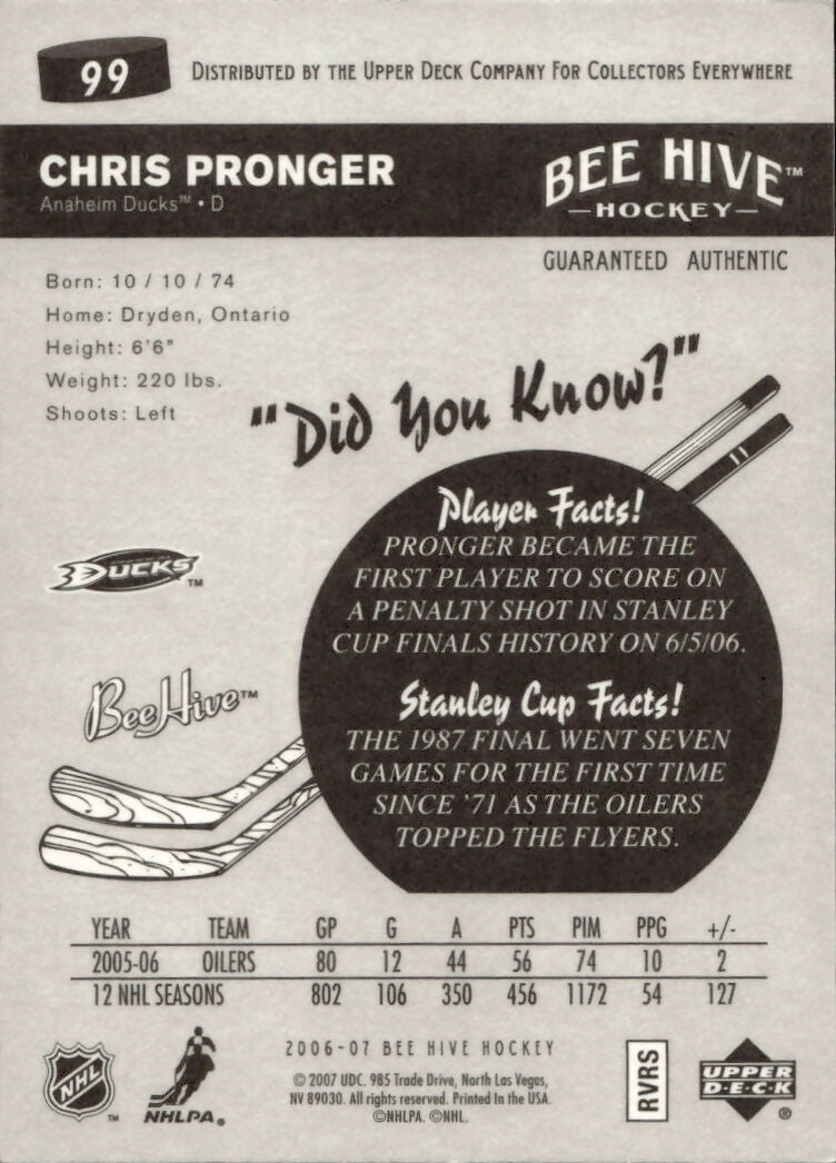 2006-07 Upper Deck - Bee Hive Hockey - Base #99 Chris Pronger - Anaheim Ducks - B