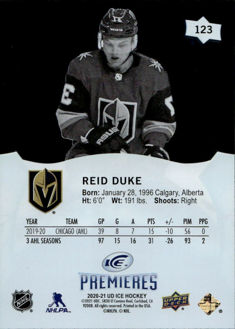 2021-22 Upper Deck Ice Hockey - Base - Premiers :1299 #123 Reid Duke - Vegas Golden Knights - B