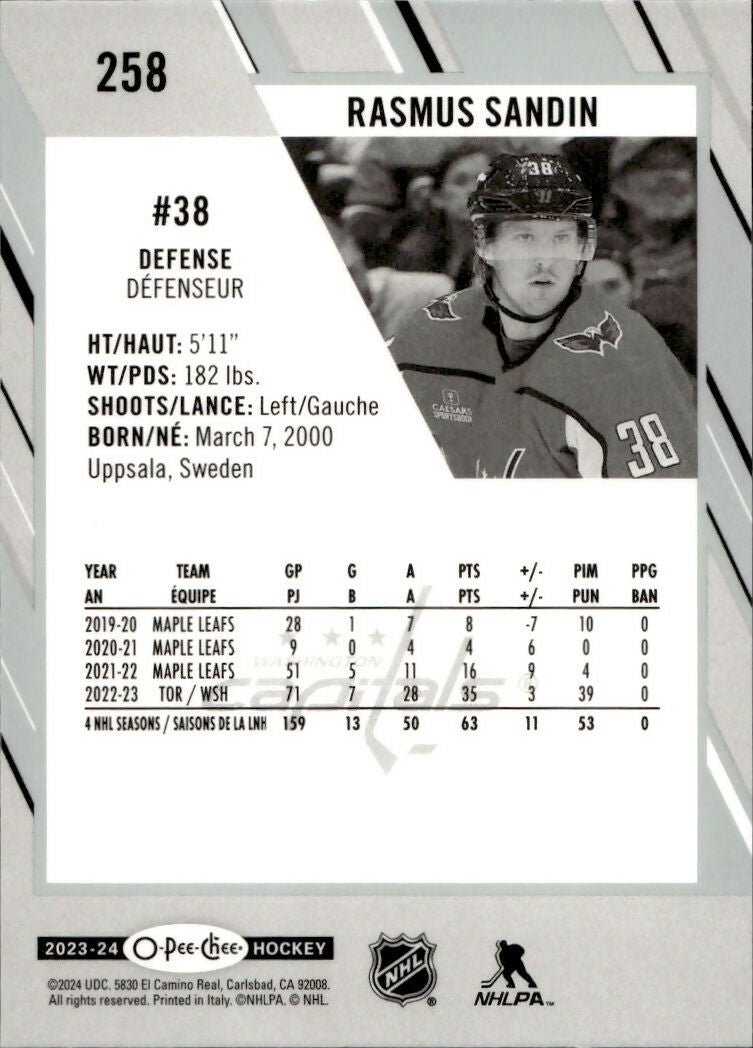 2023-24 Upper Deck O-Pee-Chee Hockey - Base #258 Rasmus Sandin - Washington Capitals - B