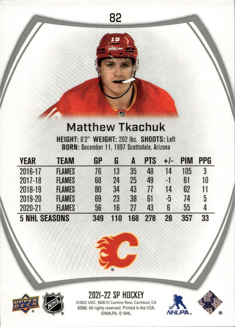 2021-22 Upper Deck SP Authentic Hockey - Base #82 Matthew Tkachuk - Calgary Flames - B