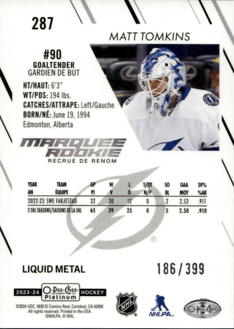 2023-24 Upper Deck O-Pee Chee Platinum Hockey - Base - Marquee Rookie - Liquid Metal :399 #287 Matt Tomkins - Tampa Bay Lightning - B