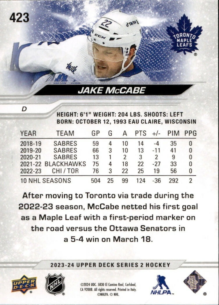 2023-24 Upper Deck Series 2 Hockey - Base #423 Jake McCabe - Toronto Maple Leafs - B