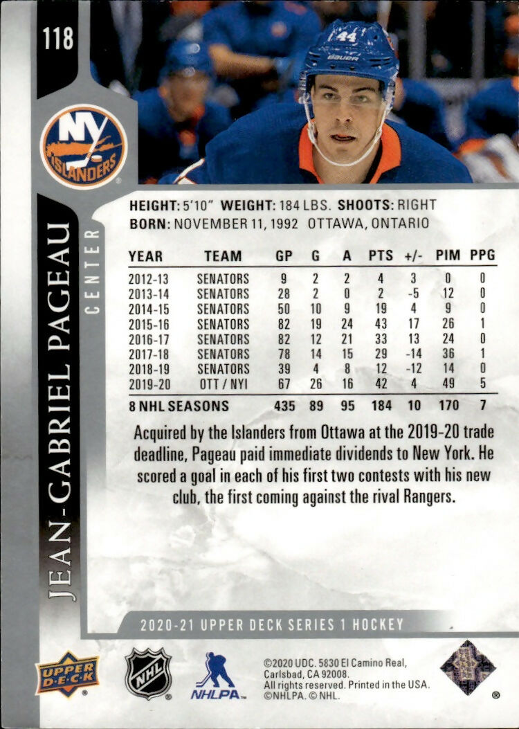 2020-21 Upper Deck Series 1 Hockey #118 Jean-Gabriel Pageau - New York Islanders