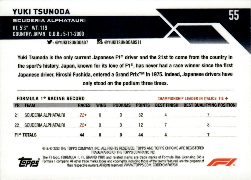 2023 Topps Chrome Formula 1 Base #55 - F1 Drivers - Refractor - Mini Diamond :299 Yuki Tsunoda - Scuderia Alphatauri - B
