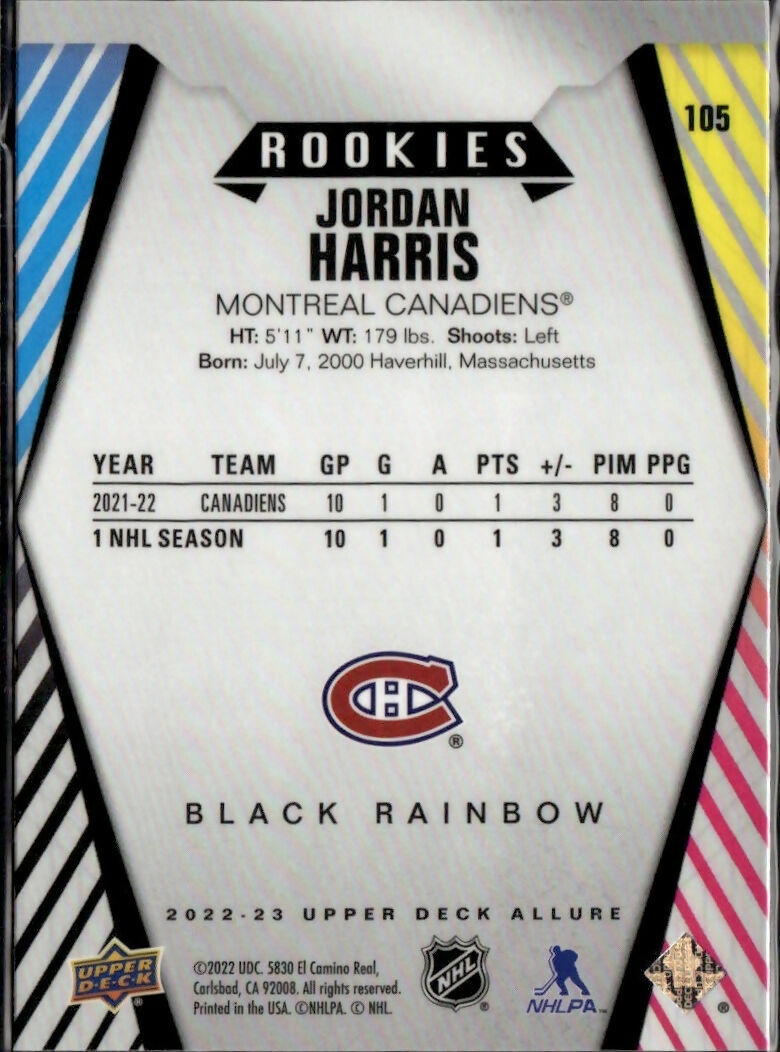 2022-23 Upper Deck Allure Hockey - Base - Black Rainbow - Rookies #105 Jordan Harris - Montreal Canadiens