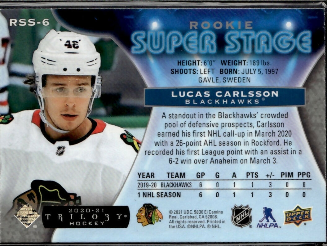 2020-21 Upper Deck Trilogy Rookie Super Stage #RSS-6 Lucas Carlsson Chicago Blackhawks