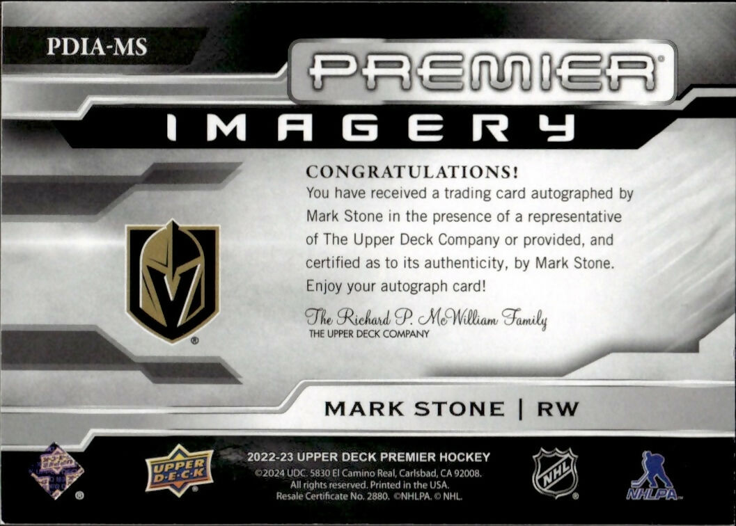 2022-23 Upper Deck Premier Hockey - Imagery - Auto :125 #PDIA-MS Mark Stone - Vegas Golden Knights - B