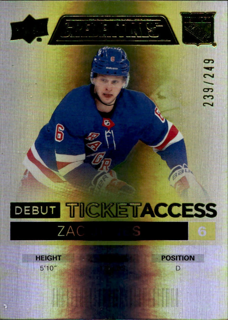 2021-22 Upper Deck Credentials - Base - Debut Ticket Access - Yellow :249 #96 Zac Jones - New York Rangers - A