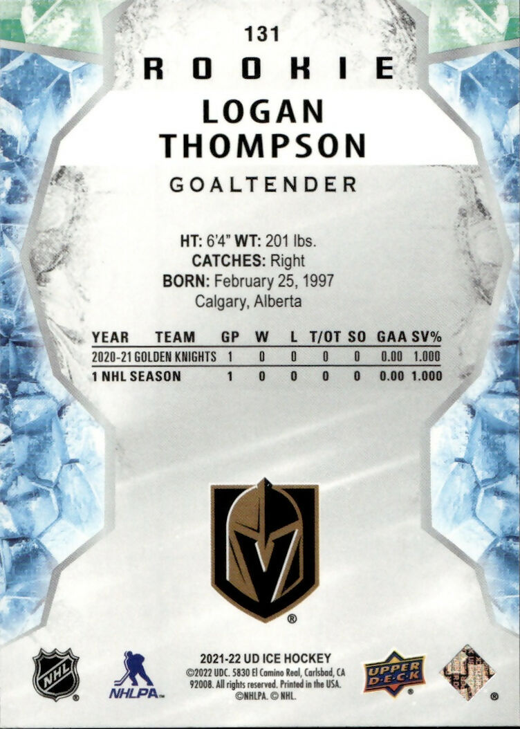 2021-22 Upper Deck Ice Hockey - Base - Green - Rookie #131 Logan Thompson - Vegas Golden Knights - B