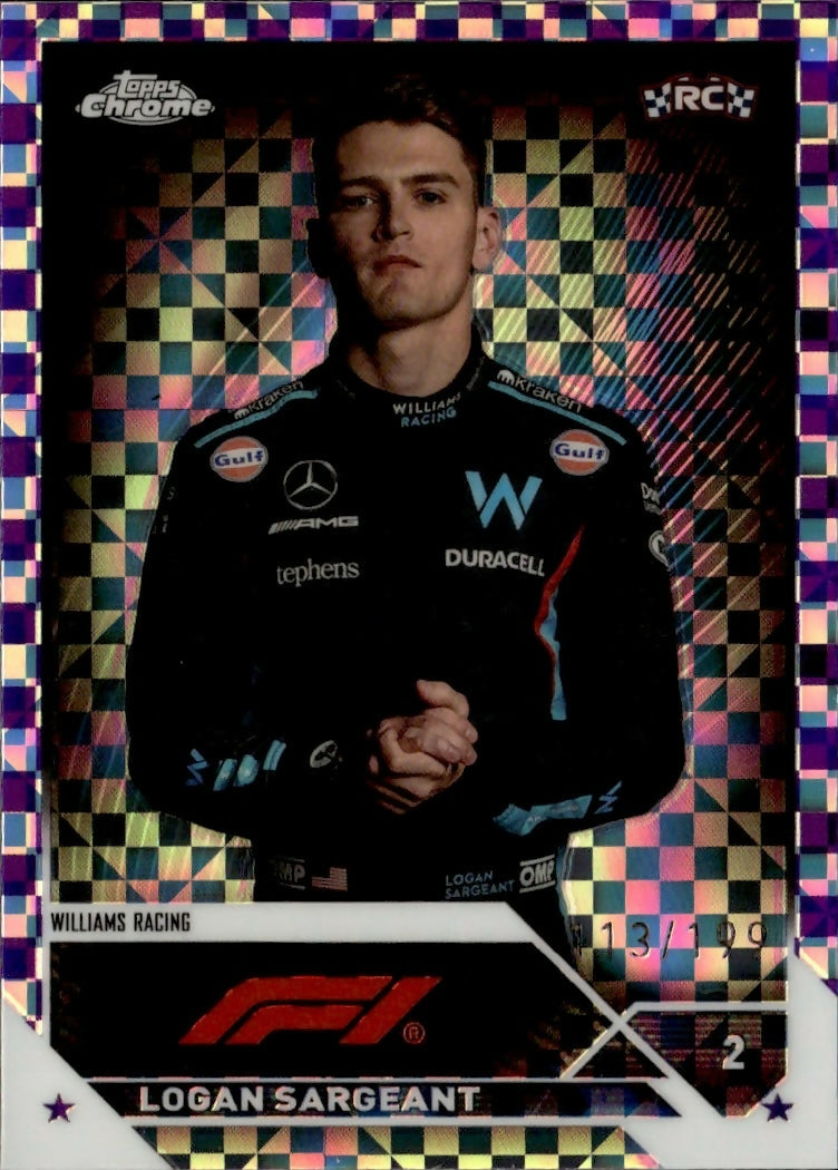 2023 Topps Chrome Formula 1 Base #64 - F1 Drivers - Purple Checker Flag X-factor :199 Logan Sargeant - Williams Racing - A