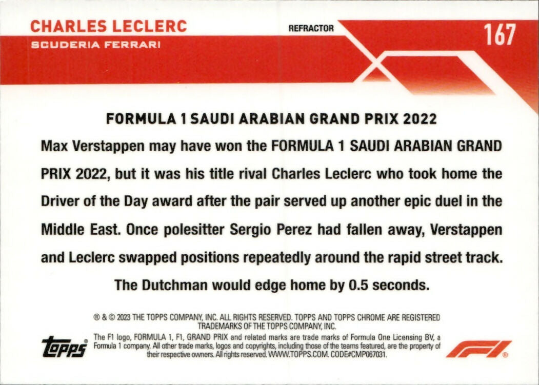 2023 Topps Chrome Formula 1 Base #167 - Grand Prix Driver Of The Day - Refractor Charles LeClerc - Scuderia Ferrari - B