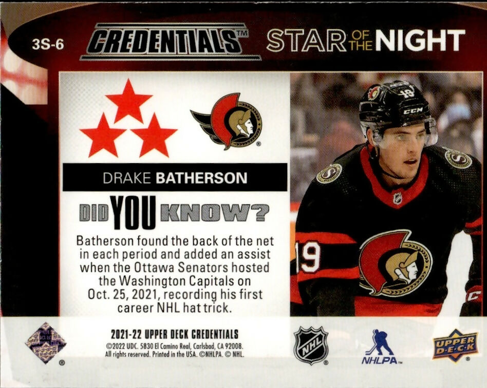 2022-23 Upper Deck Credentials - 3rd Star of the Night #3S-6 Drake Batherson - Ottawa Senators - B