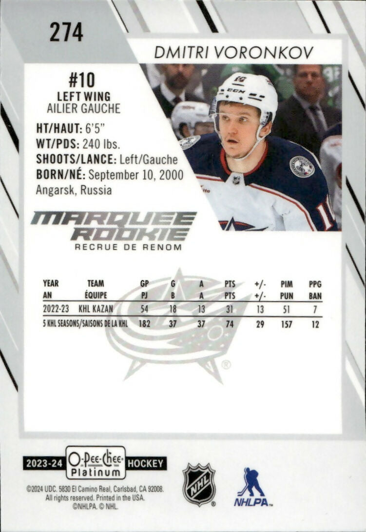 2023-24 Upper Deck O-Pee Chee Platinum Hockey - Base - Marquee Rookie #274 Dmitri Voronkov - Columbus Blue Jackets - B