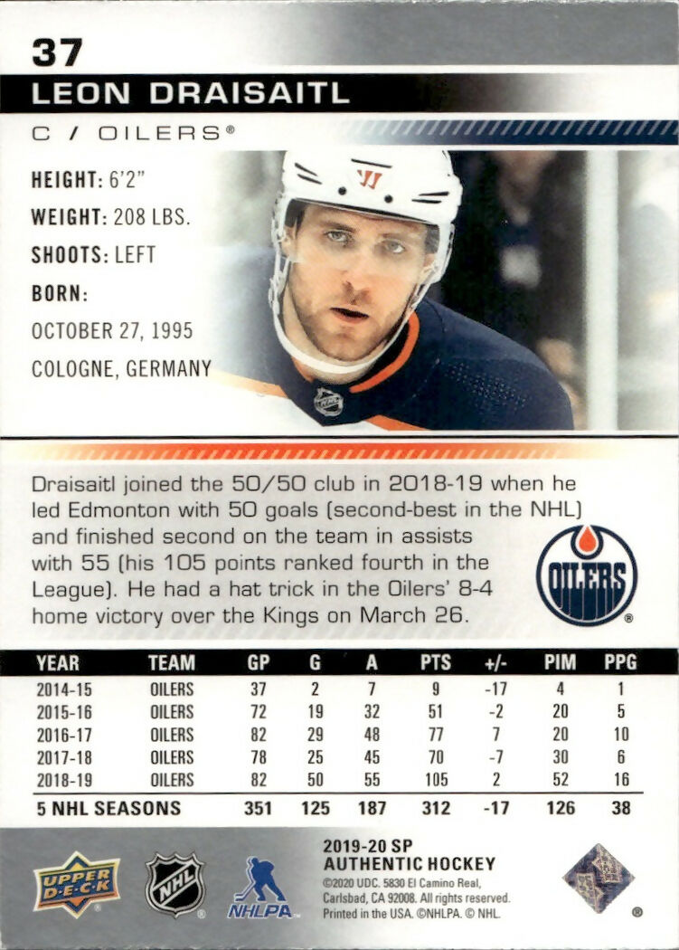 2019-20 Upper Deck Sp Authentic Hockey - Base #37 Leon Draisaitl - Edmonton Oilers