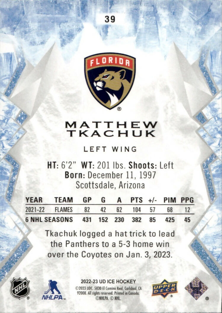 2022-23 Upper Deck Ice Hockey - Base - Green #39 Matthew Tkachuk - Florida Panthers - B