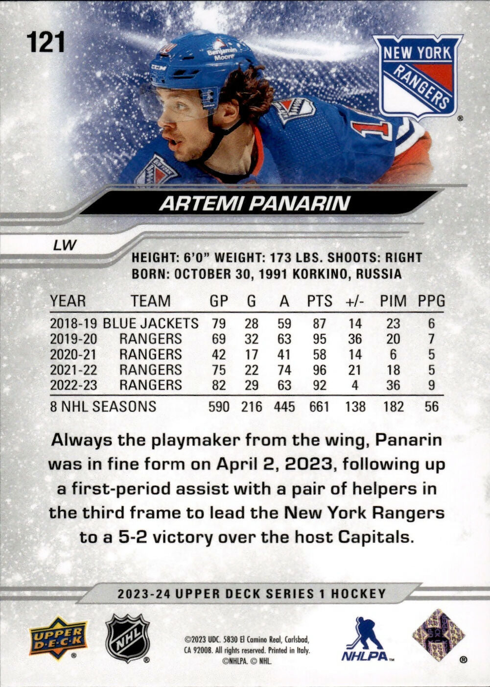 2023-24 Upper Deck Series 1 Hockey - Base #121 Artemi Panarin - New York Rangers - b