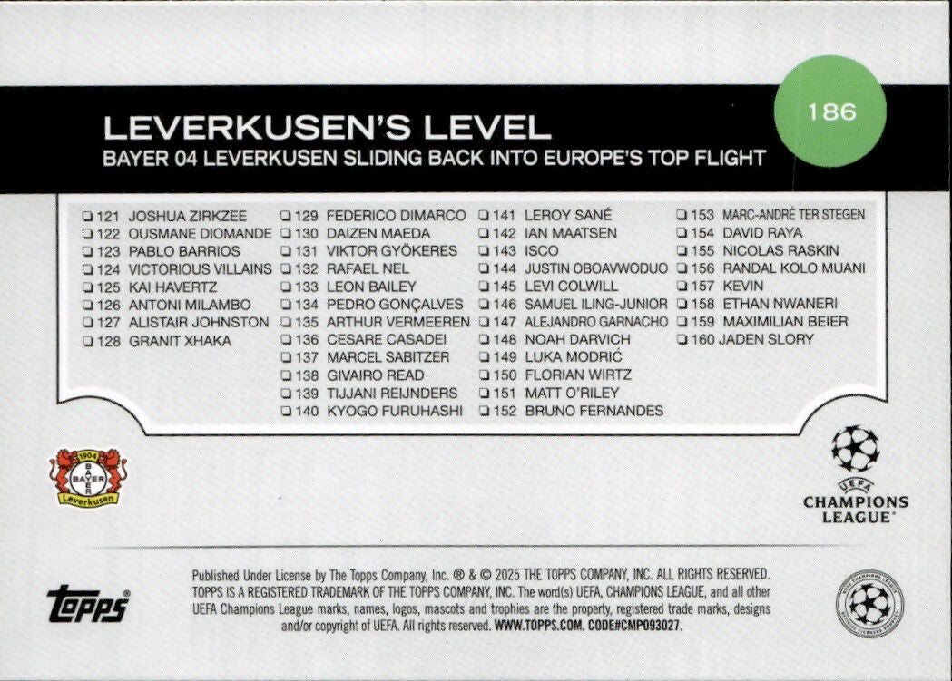 2024-25 Topps UEFA Club Competitions - Base #186 Bayer 04 Leverkusen - Leverkusen's Level - B