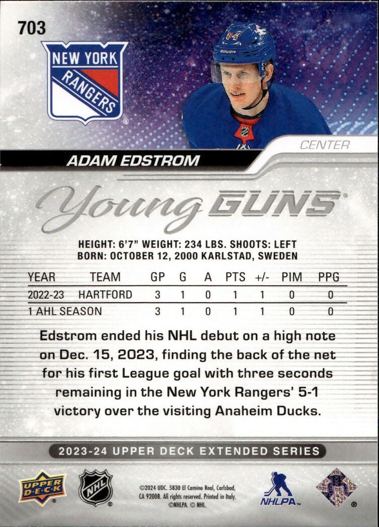 2023-24 Upper Deck Extended Series Hockey - Base - Young Guns #703 Adam Edstrom - New York Rangers - B