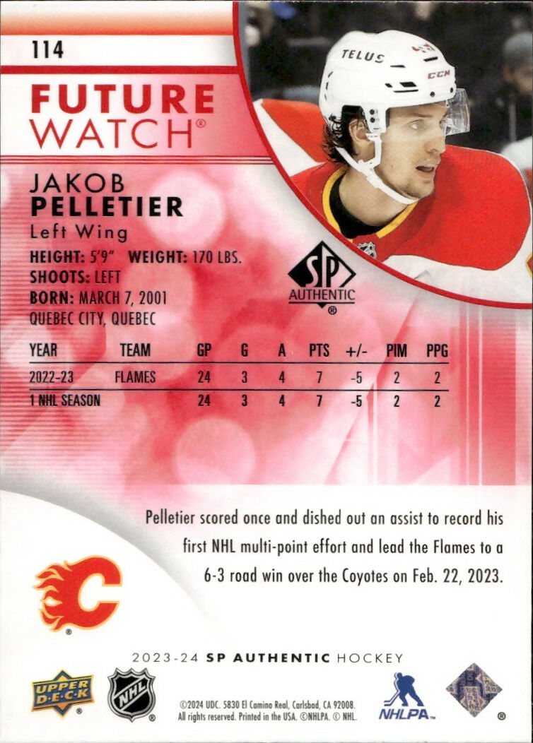 2023-24 Upper Deck SP Authentic Hockey - Base - Red Limited #114 Jakob Pelletier - Calgary Flames - B