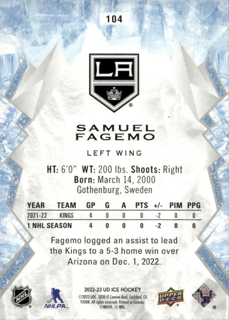 2022-23 Upper Deck Ice Hockey - Base - Rookie - Green #104 Samuel Fagemo - Los Angeles Kings - B