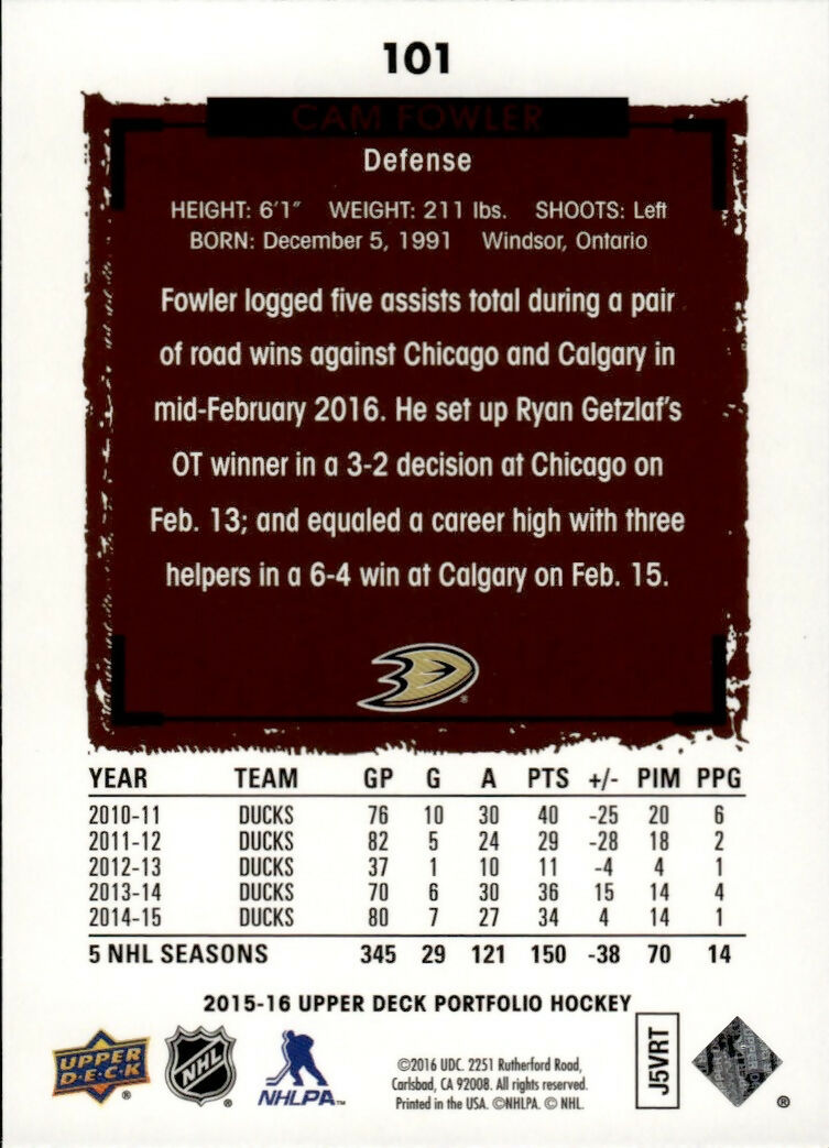 2015-16 Upper Deck Portfolio Hockey - Base #101 Cam Fowler - Anaheim Ducks