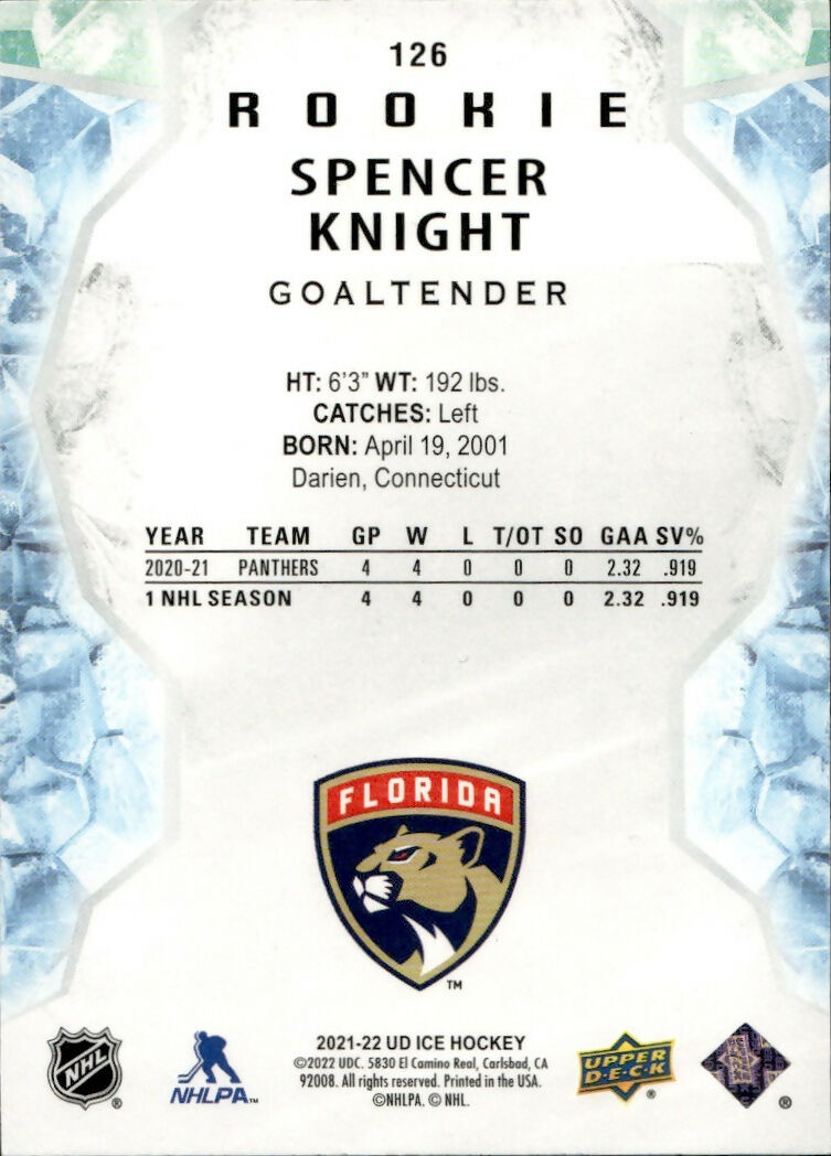 2021-22 Upper Deck Ice Hockey - Base - Rookie #126 Spencer Knight - Florida Panthers - B