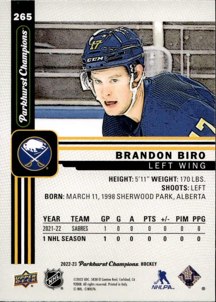 2022-23 Upper Deck Parkhurst Champions - Base #265 Brandon Biro - Buffalo Sabres - B