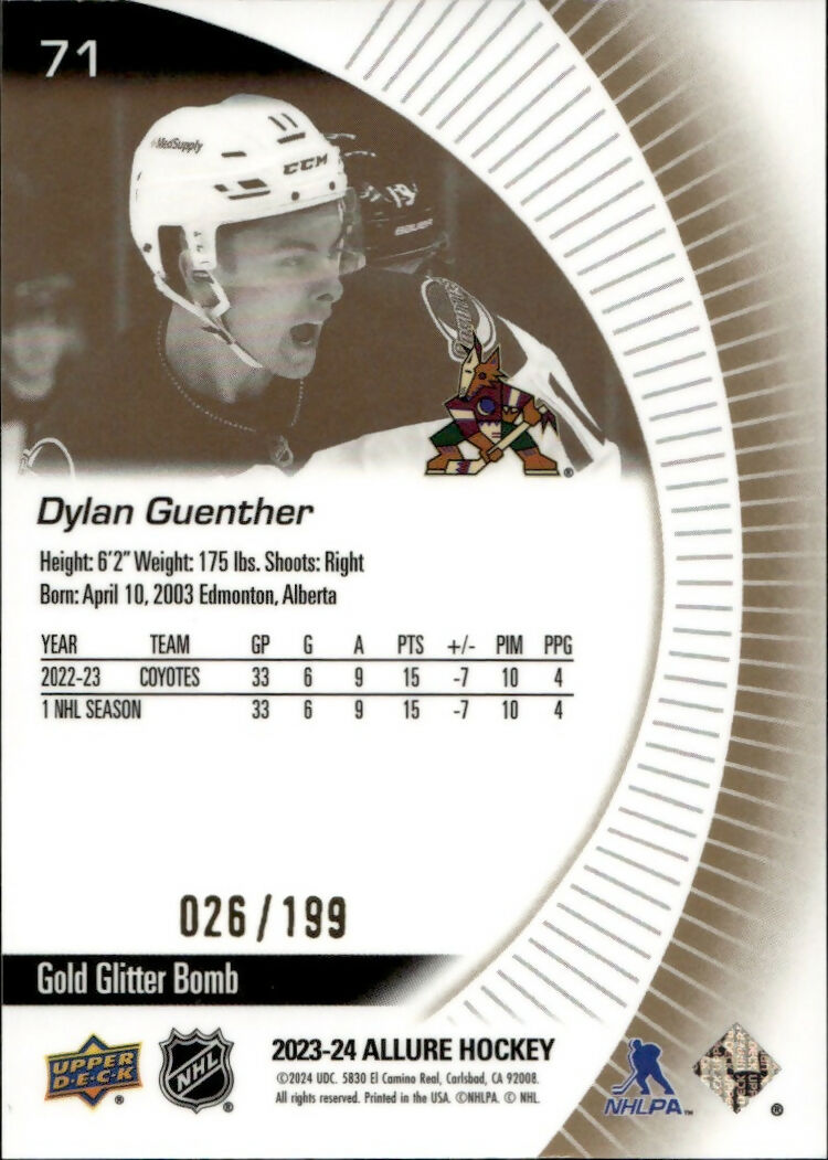 2023-24 Upper Deck Allure Hockey - Base - Gold Glitter Bomb :199 #71 Dylan Guenther - Arizona Coyotes - B